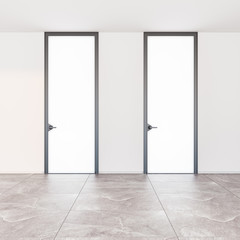 Closed modern door in a room with a stone floor and textured walls Style interior. Concept of an opportunity. 3d rendering illustration mockup