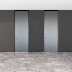 Closed modern door in a room with a stone floor and textured walls Style interior. Concept of an opportunity. 3d rendering illustration mockup