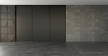Closed modern door in a room with a stone floor and textured walls Style interior. Concept of an opportunity. 3d rendering illustration mockup