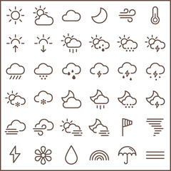 Set of weather line icon set. Included the icons as sunny, partly sunny, raining, snowing,  cloudy, rainbow and more customize color, stroke width control , easy resize.
