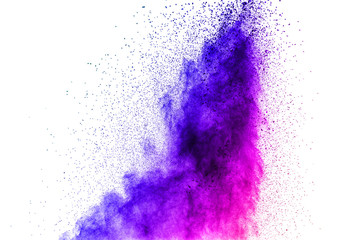 Purple color powder explosion on white background.