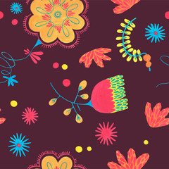 Fototapeta na wymiar Minimal floral pattern. Seamless colorful flower pattern with herbal ornament elements on dark background. Flower Scandinavian style. Folk illustration for simple design.