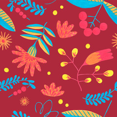 Folk seamless pattern in minimal floral style with gouache flower elements on ruby background. Bright herbal pattern for scrapbooking, wrapping paper, textile, fabric or ditsy print.