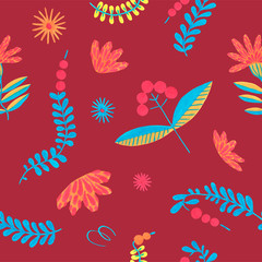 Folk seamless pattern in minimal floral style with gouache flower elements on ruby background. Bright herbal pattern for scrapbooking, wrapping paper, textile, fabric or ditsy print.