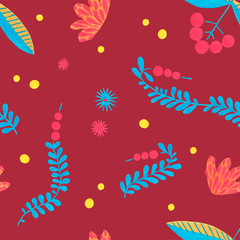Fototapeta na wymiar Folk seamless pattern in minimal floral style with gouache flower elements on ruby background. Bright herbal pattern for scrapbooking, wrapping paper, textile, fabric or ditsy print.