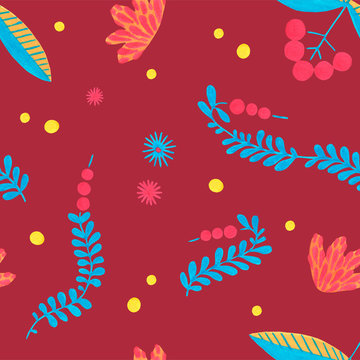 Folk seamless pattern in minimal floral style with gouache flower elements on ruby background. Bright herbal pattern for scrapbooking, wrapping paper, textile, fabric or ditsy print.