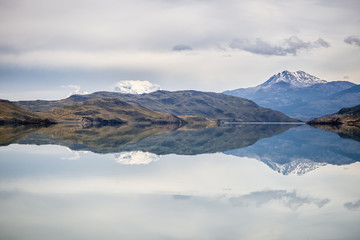 Fototapeta na wymiar Mirror reflection on Lake Nordenskjöld in Torres del Paine National Park, Chile