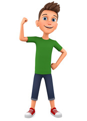 Cartoon character guy shows muscles on a white background. 3d rendering. Illustration for advertising.