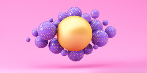 Flying cloud spheres on pink background. 3d render Illustration for advertising.