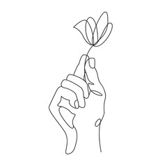 Continuous line drawing. Hand holding flower. Vector illustration