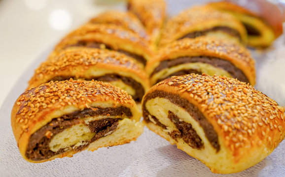 Sliced many Turkish ay coregi (croissant) with chocolate cocoa