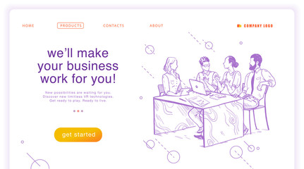 Vector flat landing page design template. Teamwork, company support concept. Online business solutions. Hand drawn sketch style illustration of office people brainstorming. For mobile app, ui, web.