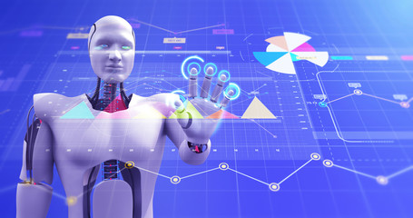 Humanoid Robot Calculating And Analyzing Big Data. Artificial Intelligence related 3D Illustration Render.
