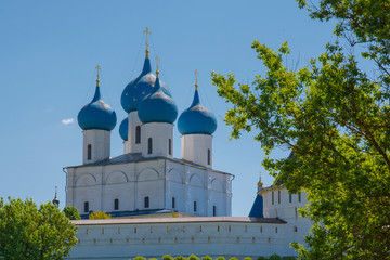 Blue domes with yellow stars. Trinity Cathedral. View of the city in Russia