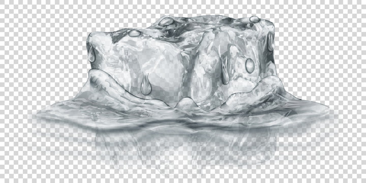 One big realistic translucent ice cube in gray color half submerged in water. Isolated on transparent background. Transparency only in vector format