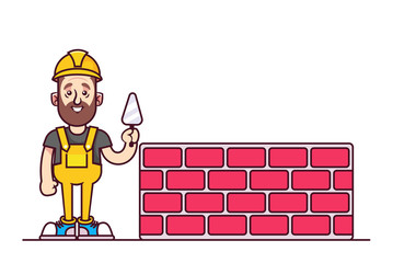 Cartoon Doodle Character. Worker Building the Wall. Vector Illustration