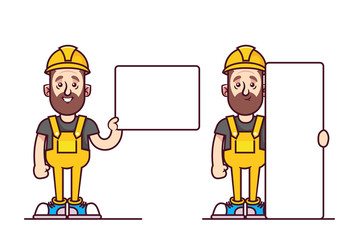 Cartoon Doodle Character. Builder Holding Empty Boards. Vector Illustration