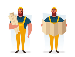 Bearded Worker: Builder with Drawings. Cartoon Style. Vector Illustration