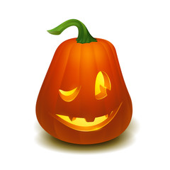 Realistic vector Halloween pumpkin with candle inside. Happy face Halloween pumpkin isolated on white background.. Vector Eps 10