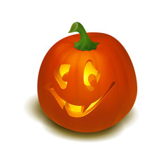 Realistic vector Halloween pumpkin with candle inside. Happy face Halloween pumpkin isolated on white background.. Vector Eps 10