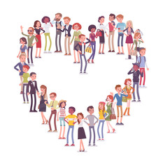 Group of people making heart shape. Members of different nations, sex, age, jobs standing together forming romantic love symbol. Vector flat style cartoon illustration isolated on white background