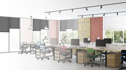 Modern office interior. Design project. Sketch. 3D rendering.