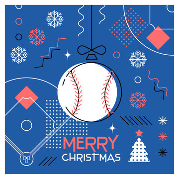 Merry Christmas. Greeting card with Christmas ball as a baseball ball. Abstract flat design. Vector illustration.