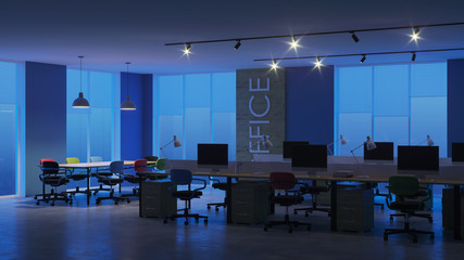 Modern office interior. Evening lighting. Night. 3D rendering.