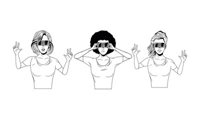 women with virtual reality headset black and white