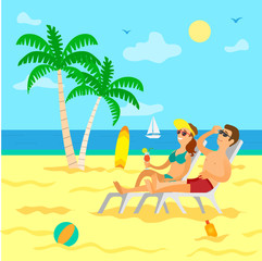 Summer vacation of people laying under sun vector. Couple relaxing on beach, sun lotion and inflatable ball for game, ship and palm tree with foliage