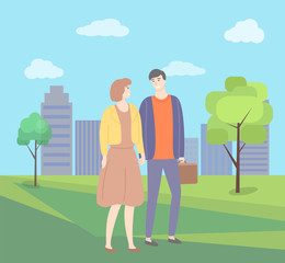 Man and woman holding hands vector couple in city park with trees and buildings. Male and female in love, guy and lady in dress, people in casual cloth