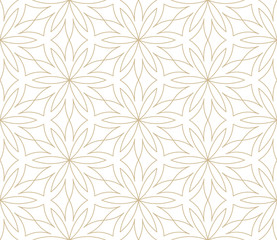 Modern simple geometric vector seamless pattern with gold flowers, line texture on white background. Light abstract floral wallpaper, bright tile ornament