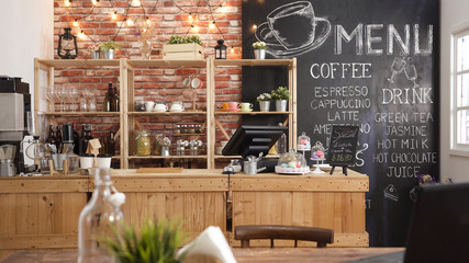 Fototapeta 3d render of cafe bar restaurant nobody indoor. Empty coffee shop interior daytime with wooden design counter red brick wall in background. menu writing on blackboard with beautiful letters and cup. obraz