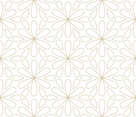 Behang Moderne eenvoudige geometrische vector naadloze patroon met gouden bloemen, lijntextuur op witte achtergrond. Licht abstract bloemenbehang, helder tegelornament © nadiinko