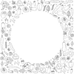 Round frame made of contour doodles of different fresh vegetables. Black and white template with healthy food elements on white background for your design