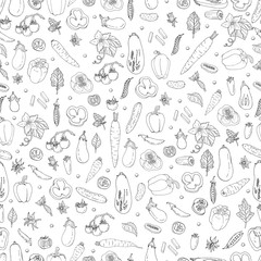 Seamless pattern with contour doodles of different vegetables. Black and white endless texture with healthy food for your design