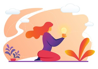 Woman Holding Illuminated Light Bulb in Hands.