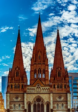 The church spires of St Paul's Cathedral in the city of Melbourne, Australia.