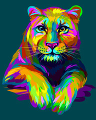 Abstract, graphic, colorful in neon colors artistic portrait of a lioness on a dark green background.