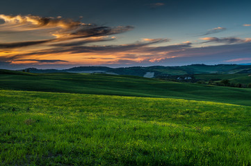 Fototapeta premium Tuscany spring, rolling hills and windmill on sunset. Rural landscape. Green fields. Italy, Europe