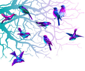 Wall sticker. Color graphic drawing of branches and multicolored birds sitting on them. Silhouette of colored tree branches and bright purple birds.
