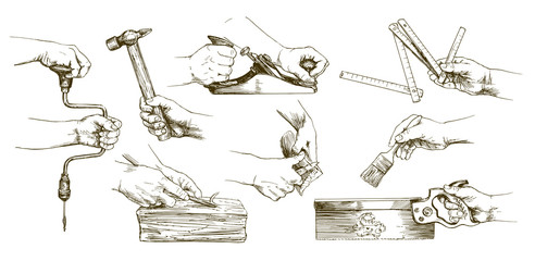 Carpenter hands working with a chisel and carving tools.