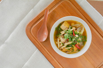 Vegan food concept. Mushroom and tofu soup.