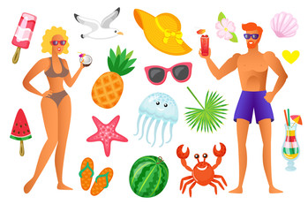 Summertime vacation vector, people and icons of seashell ice cream and accessories. Hat and watermelon on stick, crab and pineapple, jellyfish and cocktail