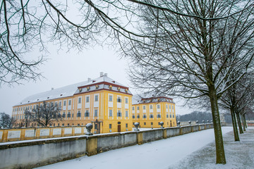 Schloss Hof, Austria - February 20, 2017:Schloss Hof is a baroque palace in Lower Austria, which privious owners include Prince Eugene of Savoy and Maria Theresia,with falling snow.