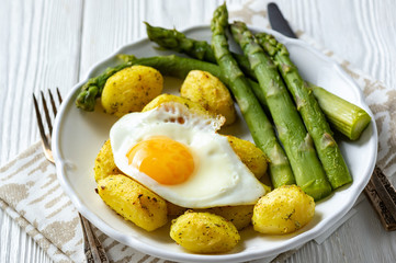 Grilled asparagus with fried egg and roasted potatoes.