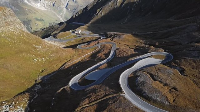 Flight around of Fuscher Torl pass on Grossglockner scenic High Alpine Road, Austria