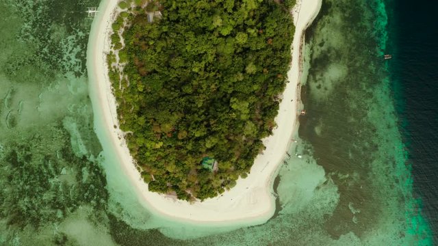 Beautiful beach on tropical island surrounded by coral reef, top view. Mantigue island. Small island with sandy beach. Summer and travel vacation concept, Camiguin, Philippines, Mindanao