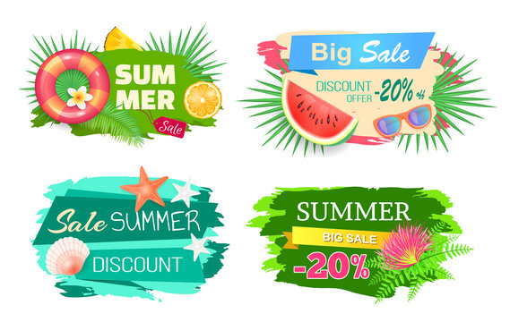 Summer time big sale banners set with text vector. Seashells and conch, starfish and lifebuoy. Watermelon fruit sunglasses accessory, discount offer
