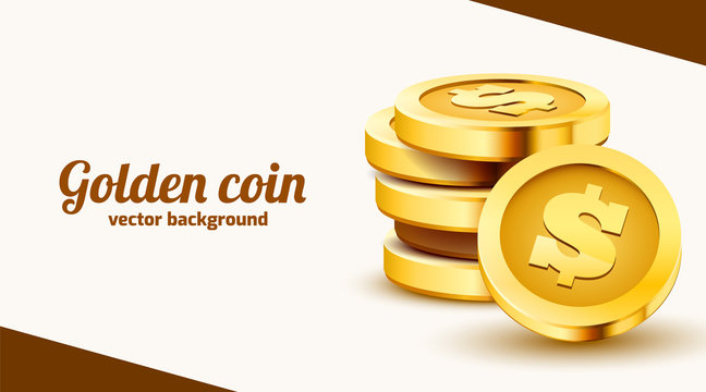 Stack of golden dollar coins isolated on white background. Landing page template.